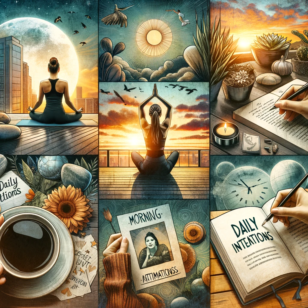 Collage of morning rituals including yoga, meditation, journaling, affirmations, and mindfulness, symbolizing a holistic approach to business mindset transformation.