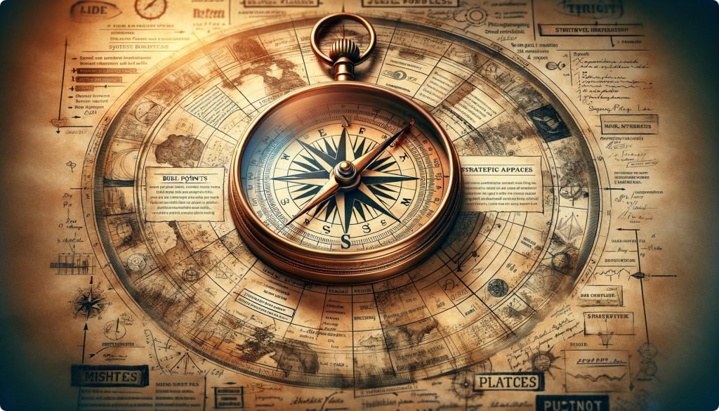 A Compass Overlaid on a Business Plan: Symbolizing the alignment of one’s inner compass (values and purpose) with their business mission, guiding every decision and direction