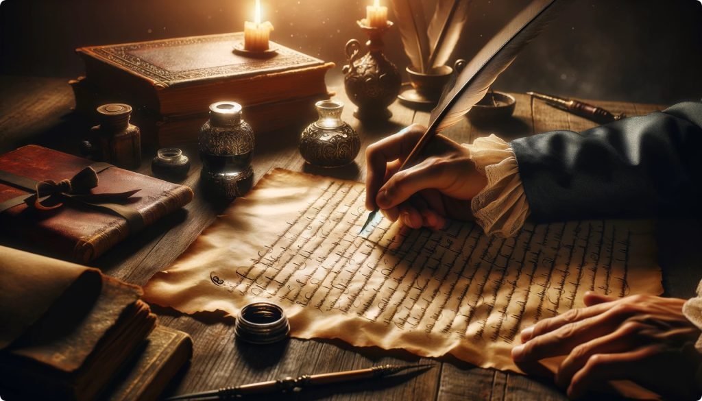 Creating a Purpose-Driven Business Statement on Parchment: Capturing the moment of clarity and commitment as an entrepreneur drafts their business’s purpose-driven statement, symbolizing the personal touch and deep reflection involved in the process.