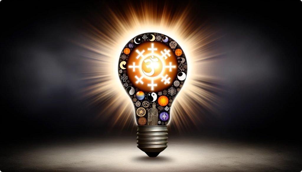 A Lightbulb Filled with Symbols of Different Religions and Philosophies: Signifying the illumination that ancient wisdom and varied spiritual beliefs can bring to business innovation and ethical practices.