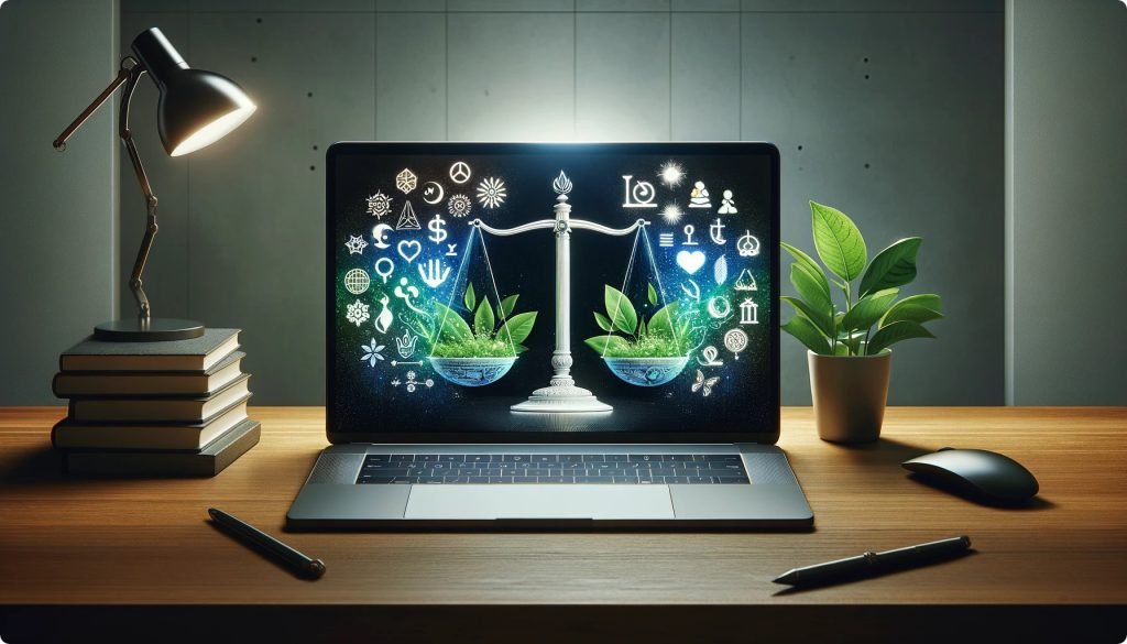 A Laptop with Ethical Icons and Spiritual Symbols on the Screen: Displaying a modern entrepreneur’s workspace, where the pursuit of technology and growth is balanced with a commitment to ethical standards and spiritual principles.