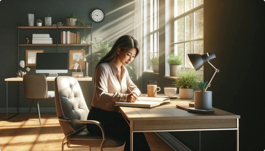 An image of a woman starting their day in a serene home office, jotting down daily affirmations for entrepreneurs in a journal with a cup of coffee or tea by their side.<br>