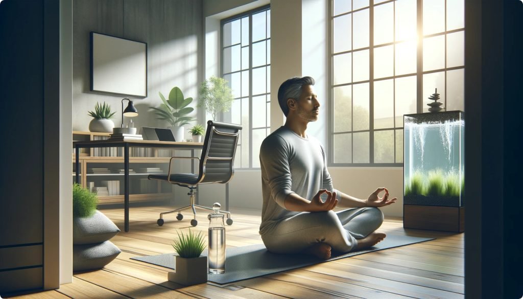 Meditative Practices: A photo of an entrepreneur practicing morning meditation or yoga in a peaceful setting, symbolizing mindfulness and focus.<br>