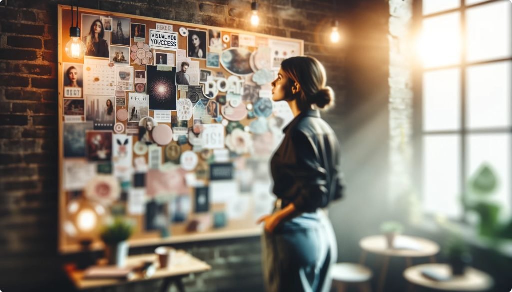 Inspiration Wall: A visual of a colorful and vibrant workspace with an inspiration wall filled with motivational quotes and affirmations.<br>