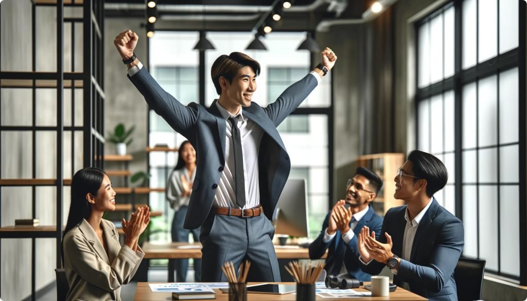 Success Celebrations: An entrepreneur celebrating a victory at work, possibly raising their arms in a victorious posture in their office, symbolizing the success that affirmations can help achieve.<br>