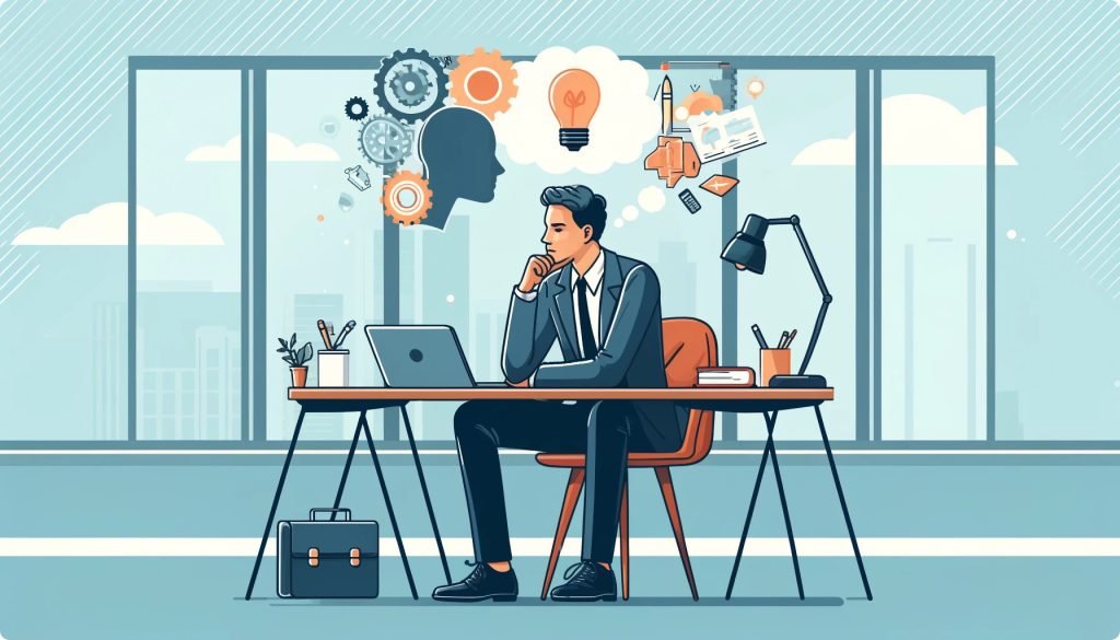 A contemplative entrepreneur sitting at a desk, surrounded by business-related items (laptop, coffee cup, notepad), symbolizing reflection and planning.