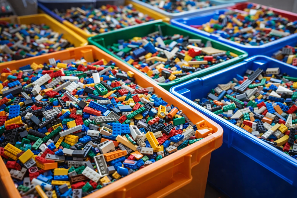 Unsorted LEGO bricks overflowing from bins, symbolizing complexity and product sprawl before the LEGO turnaround strategy.