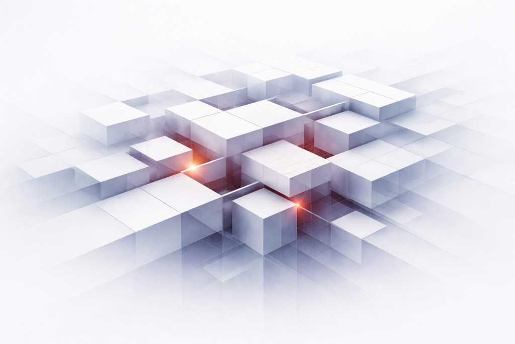 Minimal abstract composition of slightly misaligned geometric blocks on a white background with soft shadows and a subtle red accent indicating tension.