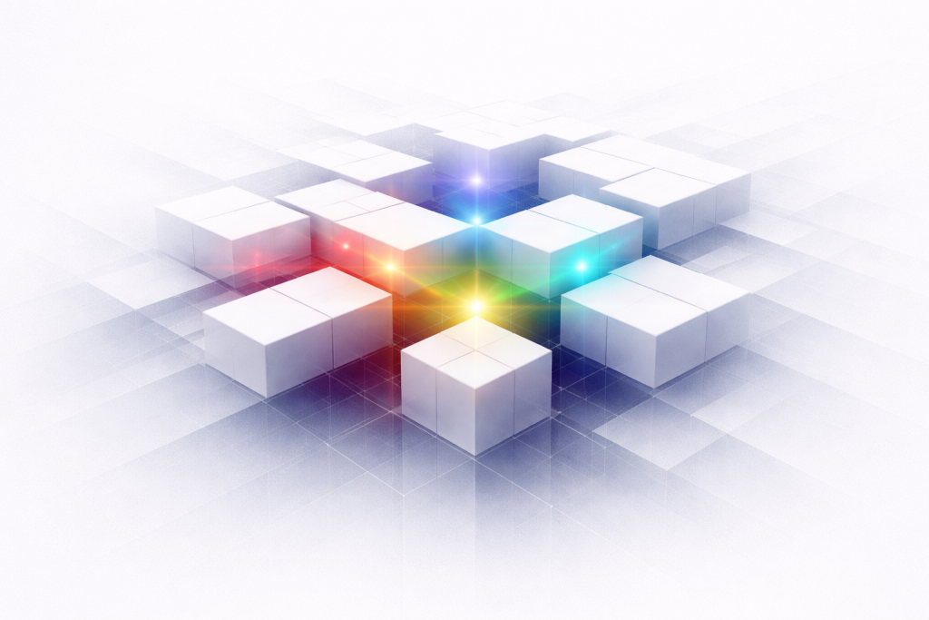 Abstract geometric composition of floating white and translucent cubes in a minimal space, slightly misaligned with subtle red light glowing at connection points, suggesting friction and emerging alignment.