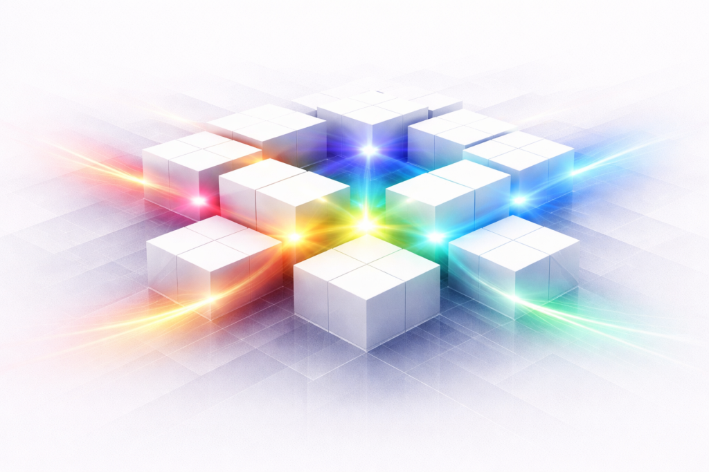 A circular formation of white geometric cubes connected by flowing colored light representing layered organizational alignment and integrated system flow.