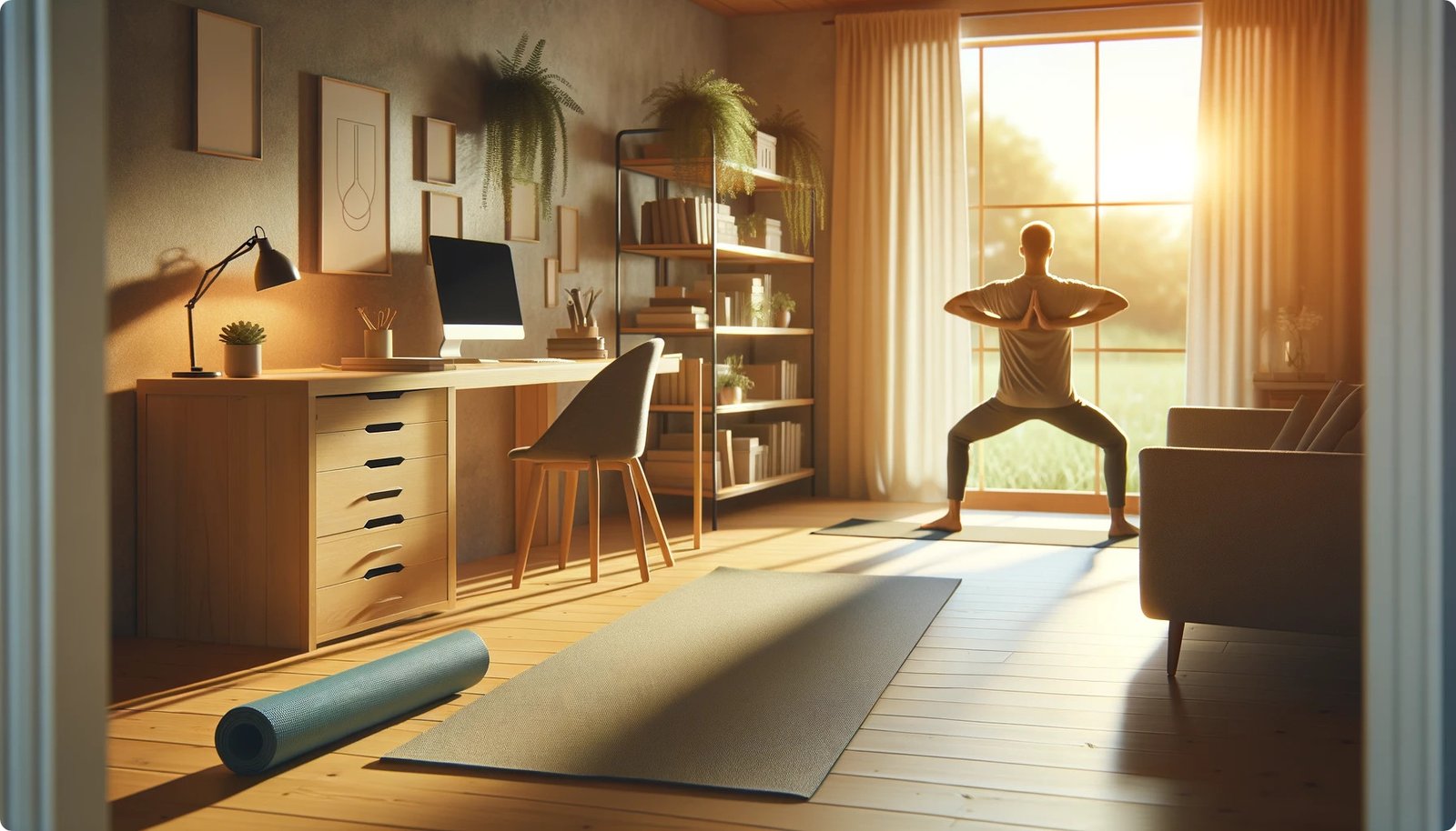 Business owner practicing morning yoga in a serene home office, with a yoga mat in the early morning light.
