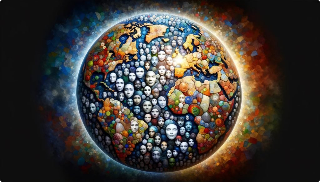 A Mosaic of Faces from Diverse Backgrounds Surrounding a Globe: Highlighting the impact of a purpose-driven business on a global community, emphasizing inclusivity, diversity, and the broader contribution to societal and environmental well-being.