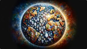 A Mosaic of Faces from Diverse Backgrounds Surrounding a Globe: Highlighting the impact of a purpose-driven business on a global community, emphasizing inclusivity, diversity, and the broader contribution to societal and environmental well-being.