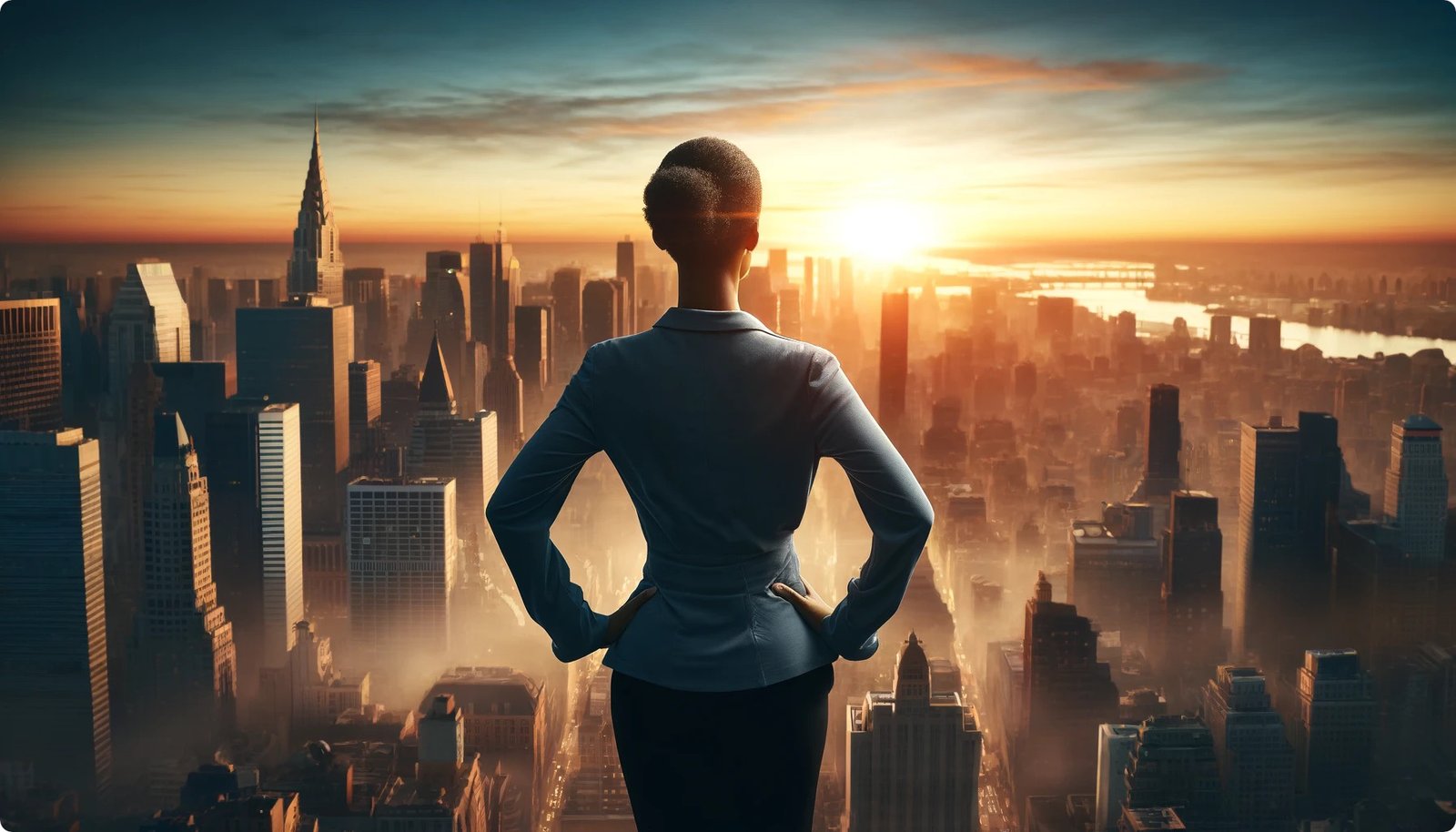 An entrepreneur overlooking a cityscape at sunrise, representing new beginnings and the potential of a new day filled with opportunities.