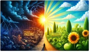 A split-image infographic showing "Fear of Failure" on one side (with dark, stormy imagery) and "Growth and Success" on the other (with bright, sunny imagery), illustrating the transformation