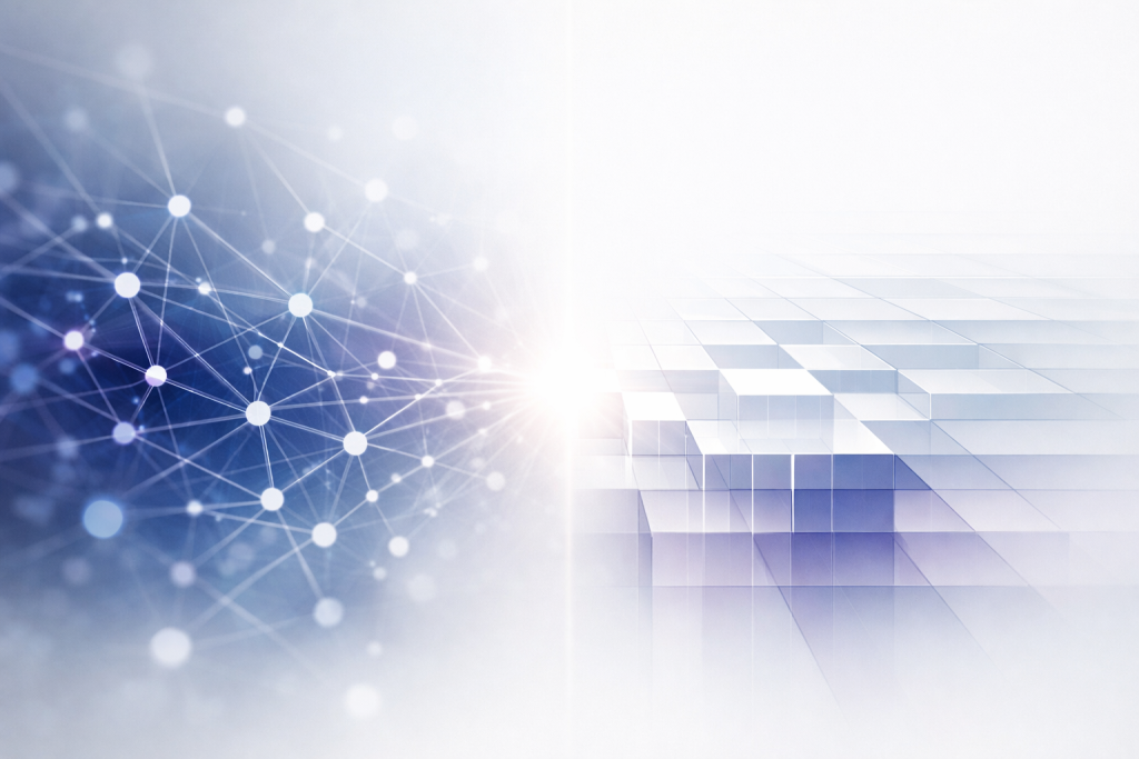 Abstract network of flowing lines and nodes transitioning into a structured geometric grid, with soft indigo and violet light on a clean white background.