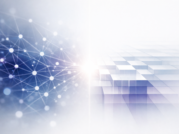 Abstract network of flowing lines and nodes transitioning into a structured geometric grid, with soft indigo and violet light on a clean white background.