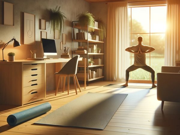 Business owner practicing morning yoga in a serene home office, with a yoga mat in the early morning light.