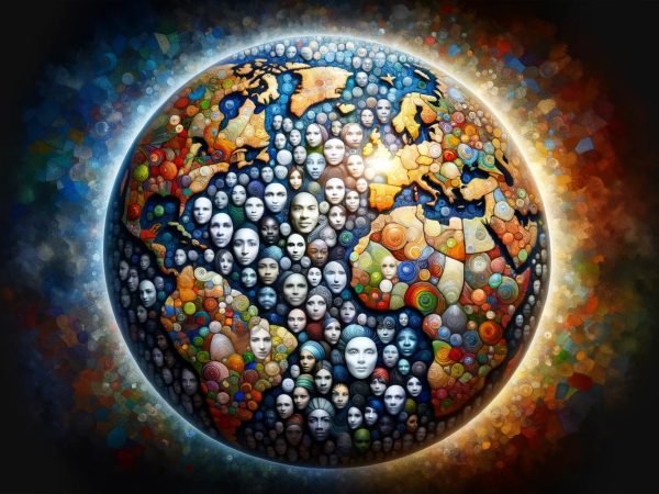 A Mosaic of Faces from Diverse Backgrounds Surrounding a Globe: Highlighting the impact of a purpose-driven business on a global community, emphasizing inclusivity, diversity, and the broader contribution to societal and environmental well-being.