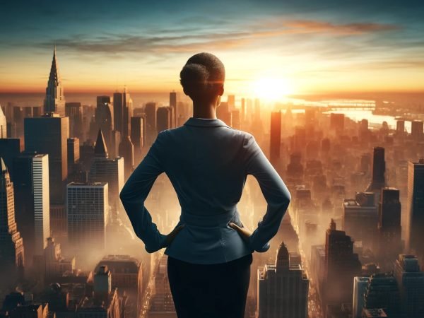 An entrepreneur overlooking a cityscape at sunrise, representing new beginnings and the potential of a new day filled with opportunities.