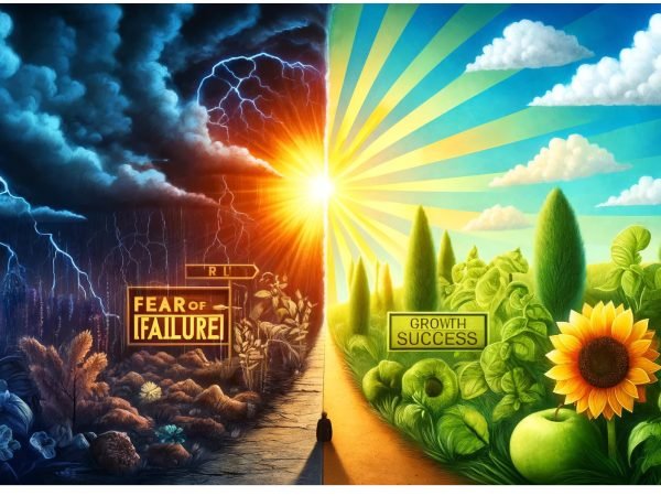 A split-image infographic showing "Fear of Failure" on one side (with dark, stormy imagery) and "Growth and Success" on the other (with bright, sunny imagery), illustrating the transformation